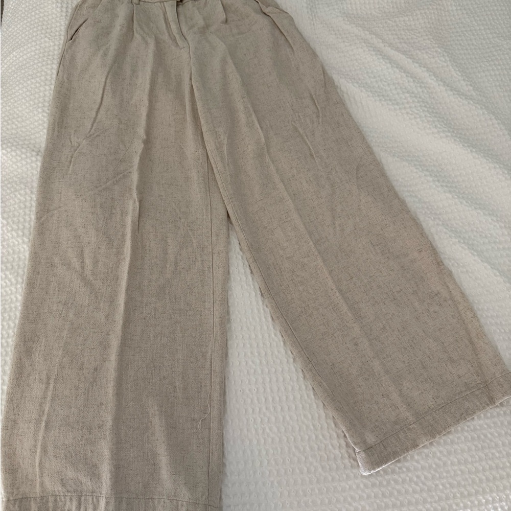 Beige Wide-Leg Linen Pants